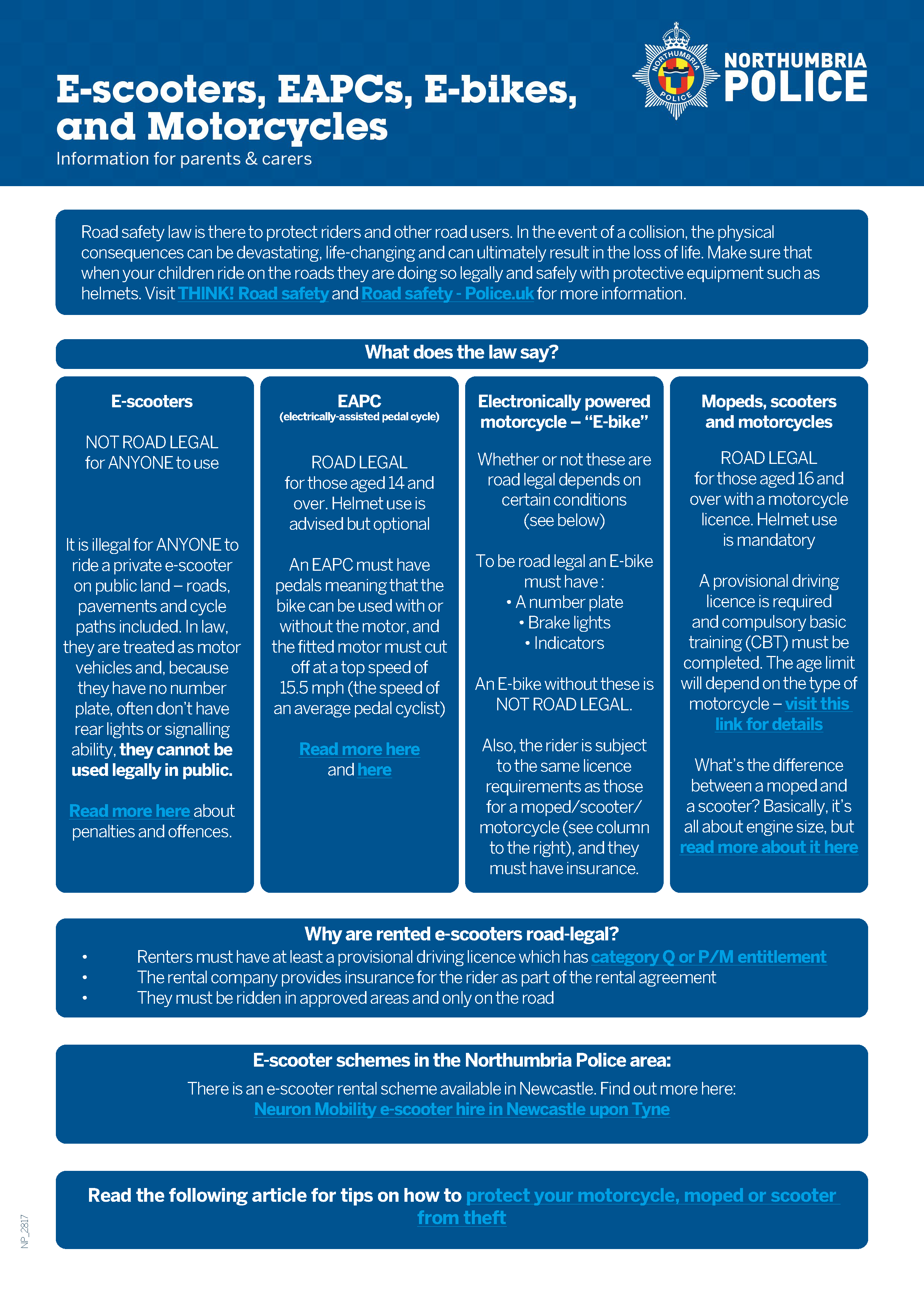 E-scooters, EAPCs, E-bikes, and Motorcycles Northumbria Police Poster image