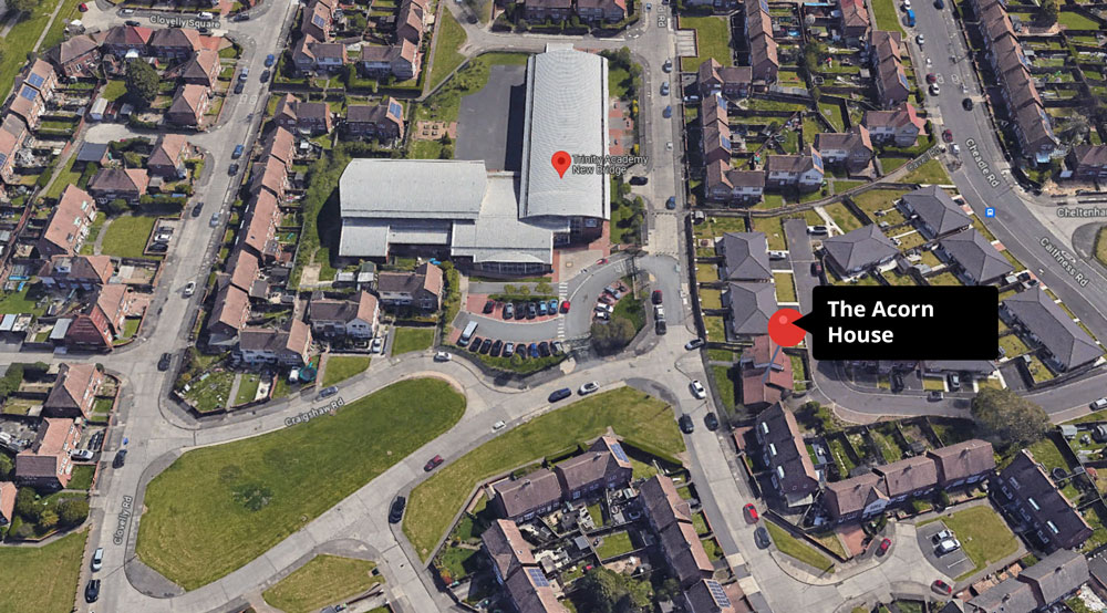 Image of top down view of Trinity Academy New Bridge Site pin pointing The Acorn Housebuilding