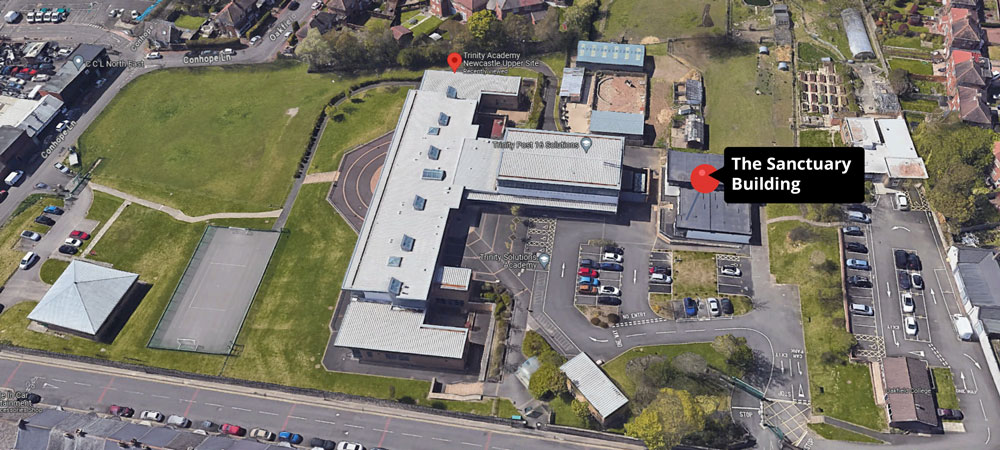Image of top down view of Trinity Academy Newcastle Upper Site pin pointing Sanctuary building